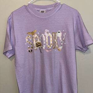 Comfort Colors Tee In Orchid Featuring “Spooky” Glitter Transfer